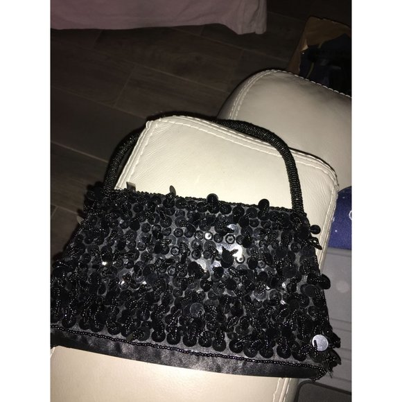 Little Mini Black Purse with Dainty Rhinestone Accent across Bottom of Front Fla - Picture 10 of 11